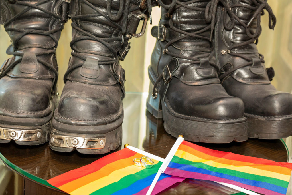 wedding boots and rainbow flag